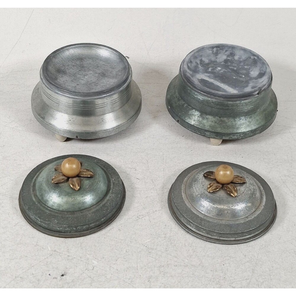 Lot of 4 Vintage Mini Metal Powder Jars/Containers with Lids, 2 Floral Tops
